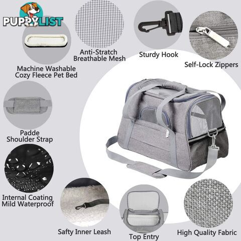 Pet Carrier Bag Travel Bag for Cats and Small Dogs Cozy Bed, Shoulder Strap - V324-PT-BGGREY