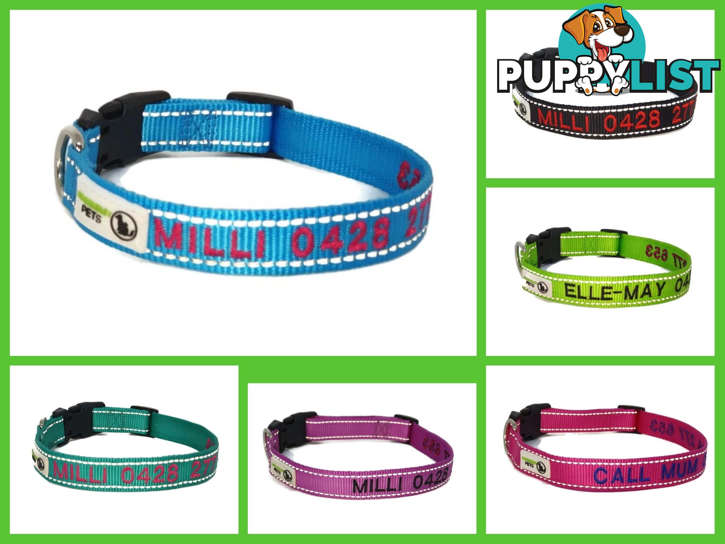 Doggie ID Collar Nylon w/Reflective Stitching Embroidered Personalised Custom. - GC-DIC-031-XL-PUR