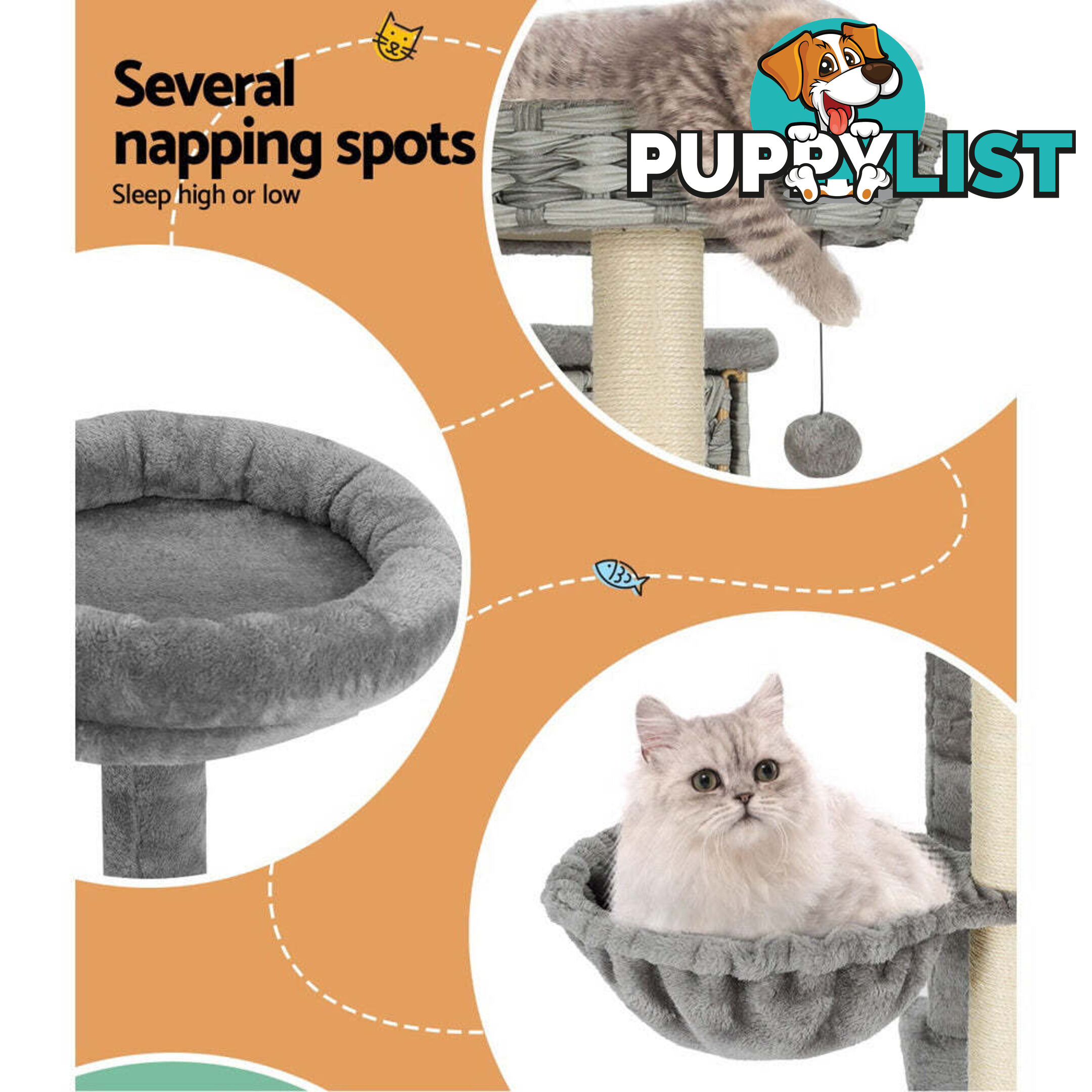 i.Pet Cat Tree 169cm Tower Scratching Post Scratcher Wood Bed Condo House Rattan Ladder - PET-CAT-RATTAN02-GR