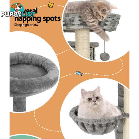 i.Pet Cat Tree 169cm Tower Scratching Post Scratcher Wood Bed Condo House Rattan Ladder - PET-CAT-RATTAN02-GR