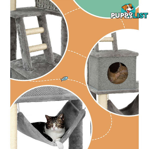 i.Pet Cat Tree 169cm Tower Scratching Post Scratcher Wood Bed Condo House Rattan Ladder - PET-CAT-RATTAN02-GR