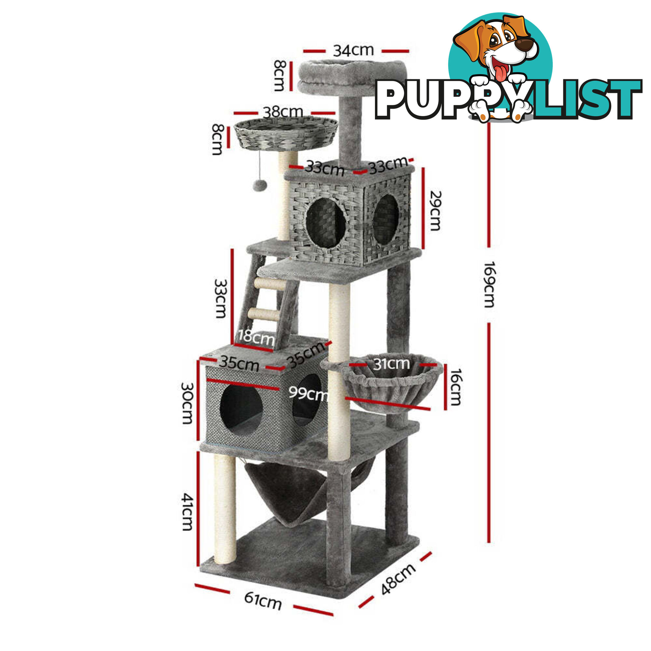 i.Pet Cat Tree 169cm Tower Scratching Post Scratcher Wood Bed Condo House Rattan Ladder - PET-CAT-RATTAN02-GR