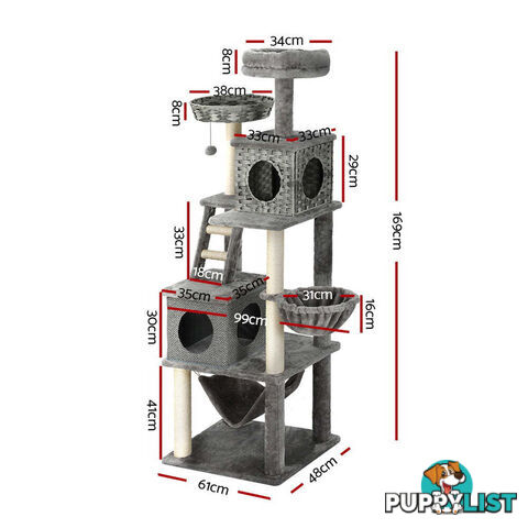 i.Pet Cat Tree 169cm Tower Scratching Post Scratcher Wood Bed Condo House Rattan Ladder - PET-CAT-RATTAN02-GR