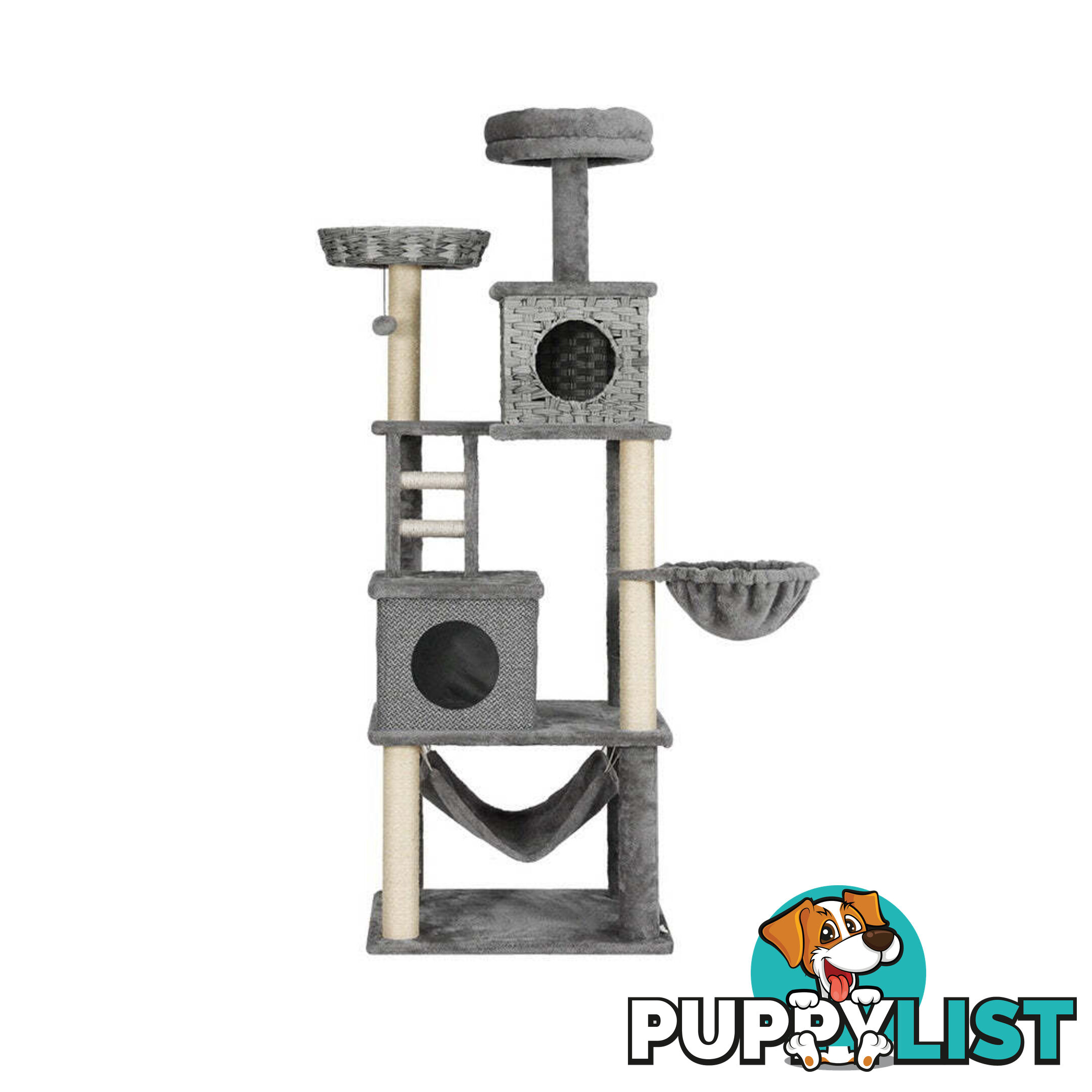 i.Pet Cat Tree 169cm Tower Scratching Post Scratcher Wood Bed Condo House Rattan Ladder - PET-CAT-RATTAN02-GR
