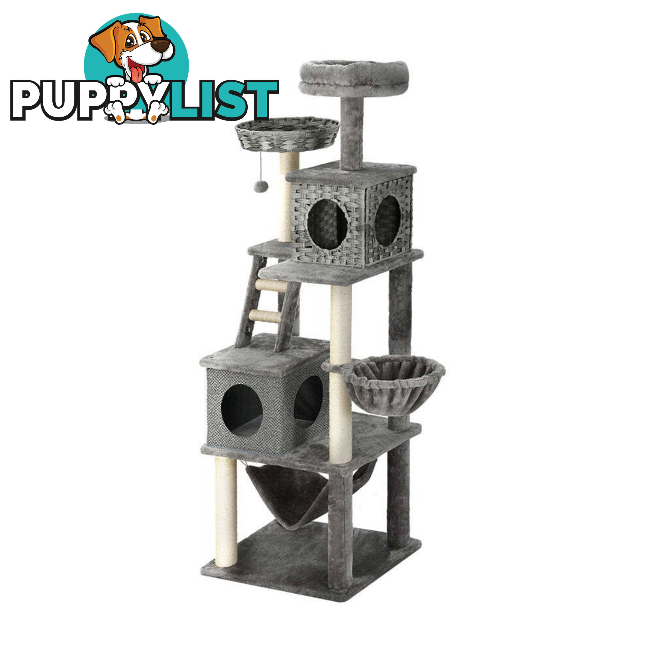i.Pet Cat Tree 169cm Tower Scratching Post Scratcher Wood Bed Condo House Rattan Ladder - PET-CAT-RATTAN02-GR