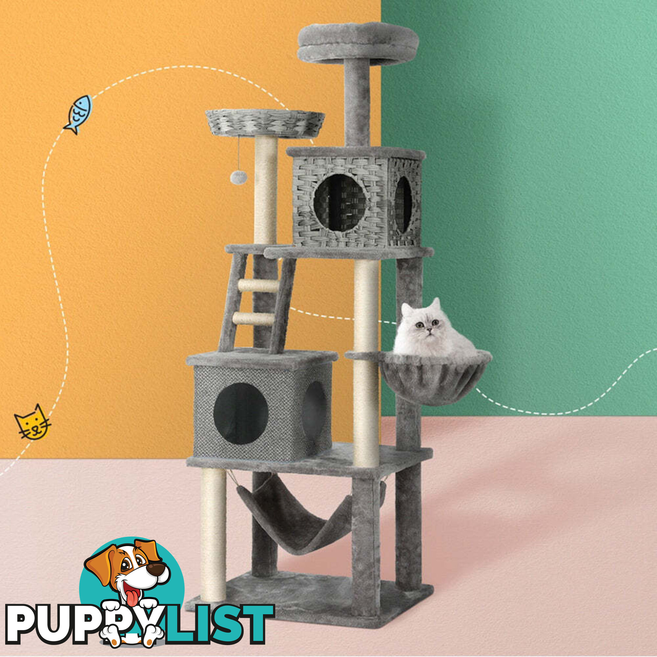 i.Pet Cat Tree 169cm Tower Scratching Post Scratcher Wood Bed Condo House Rattan Ladder - PET-CAT-RATTAN02-GR