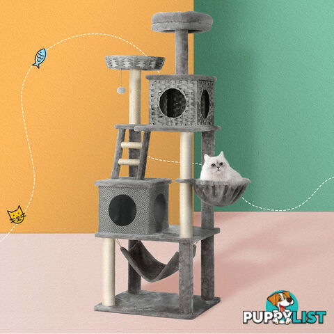 i.Pet Cat Tree 169cm Tower Scratching Post Scratcher Wood Bed Condo House Rattan Ladder - PET-CAT-RATTAN02-GR