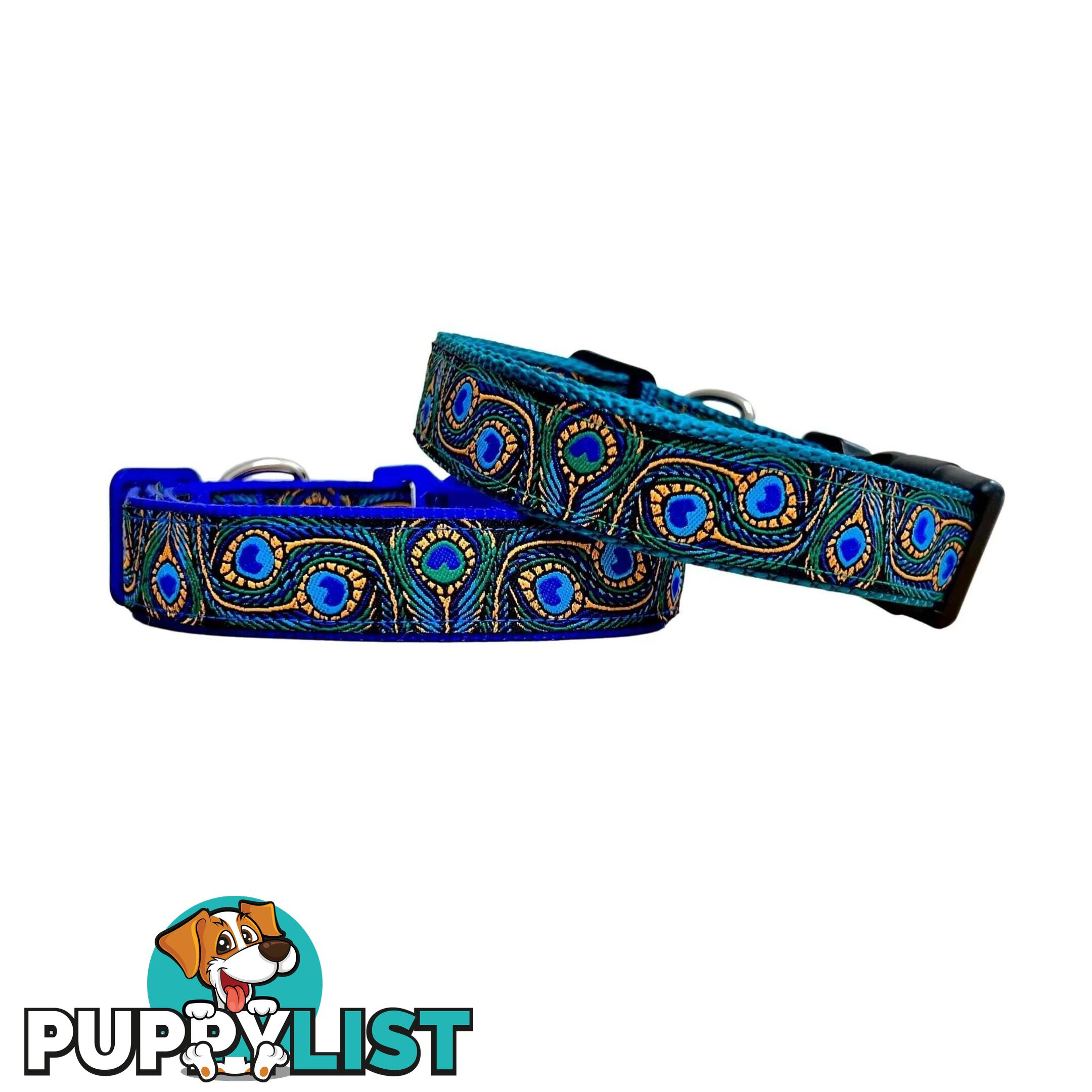Peacock Feather Dog Collar - Hand Made by The Bark Side - TBSPEAXSBLU