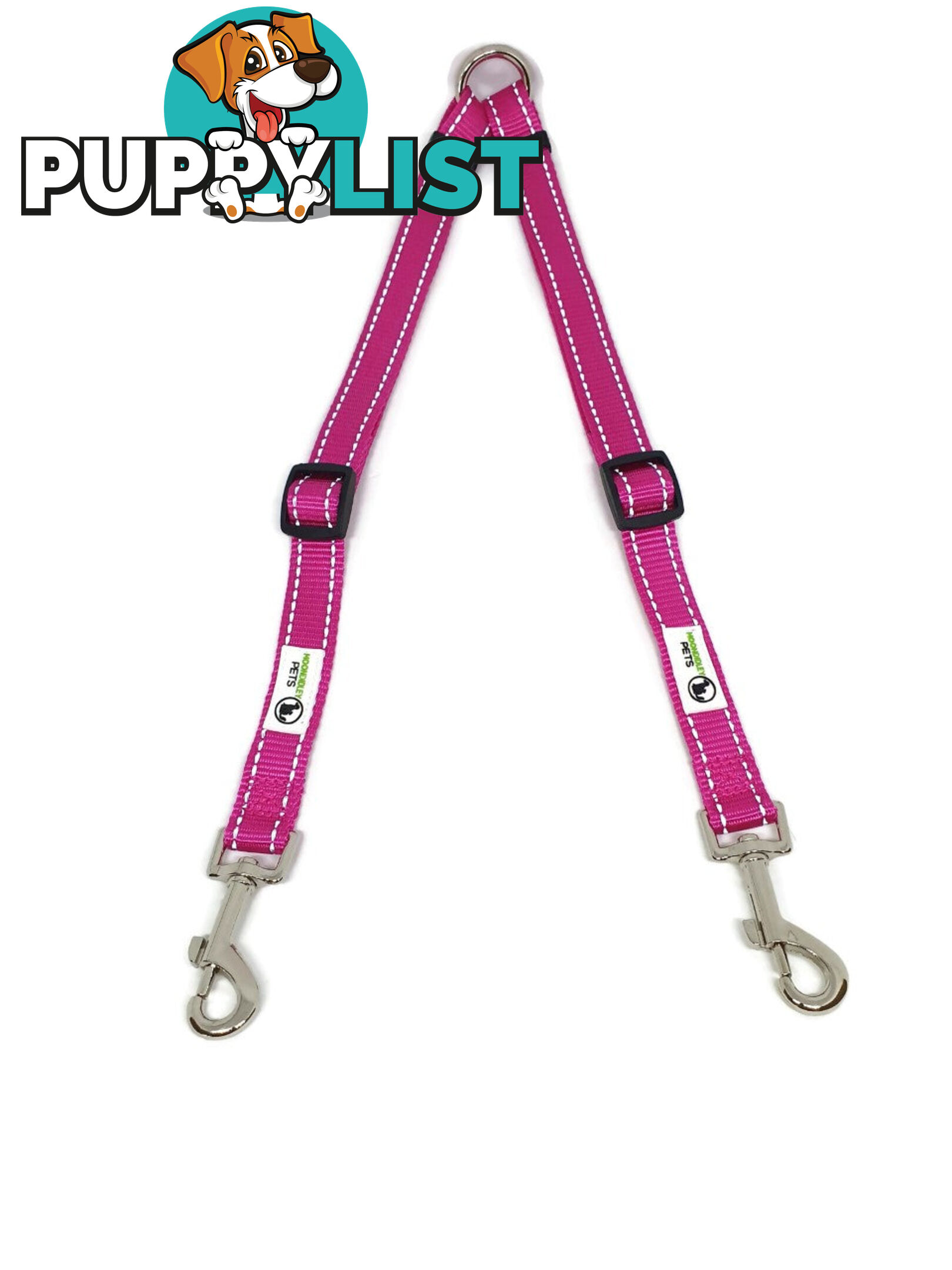 2 Dog Double Lead Coupler, Nylon w/Reflective Stitching - Moondidley Pets - MDPLDCOULPNK