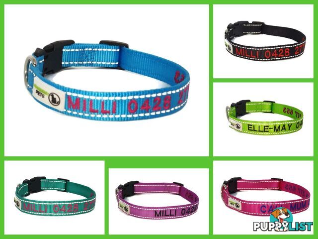 Doggie ID Collar Nylon w/Reflective Stitching Embroidered Personalised Custom. - GC-DIC-031-XL-PNK