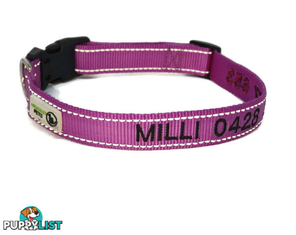 Doggie ID Collar Nylon w/Reflective Stitching Embroidered Personalised Custom. - GC-DIC-031-XL-PNK