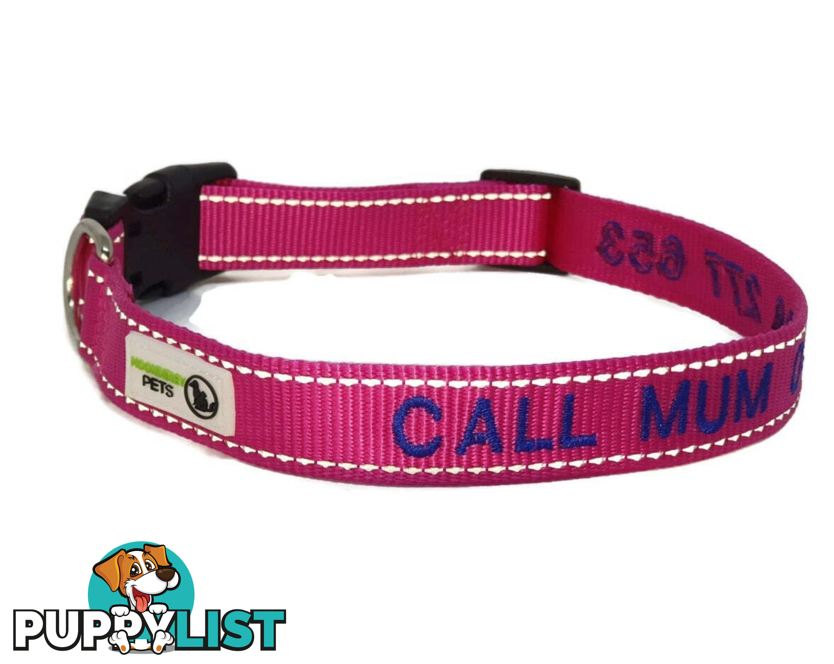 Doggie ID Collar Nylon w/Reflective Stitching Embroidered Personalised Custom. - GC-DIC-031-XL-PNK