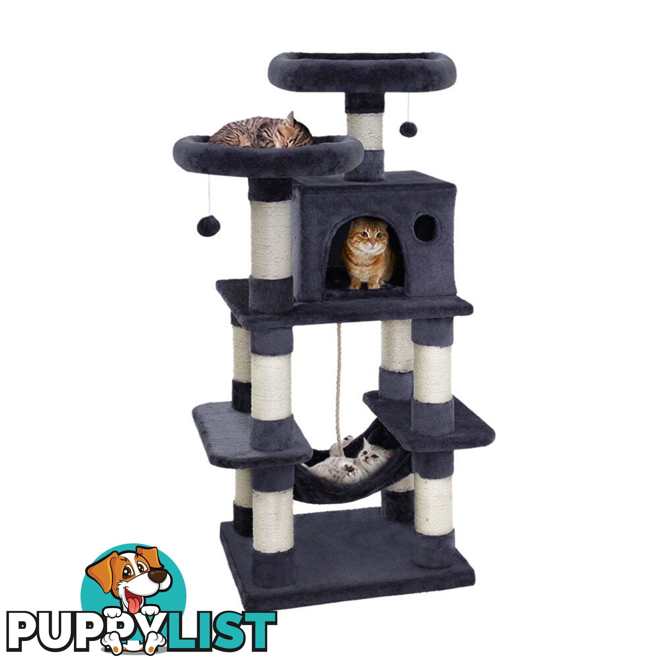 i.Pet Cat Tree 145cm Tower Scratching Post Scratcher Wood Condo House Large Bed - PET-CAT-706FSB-GR
