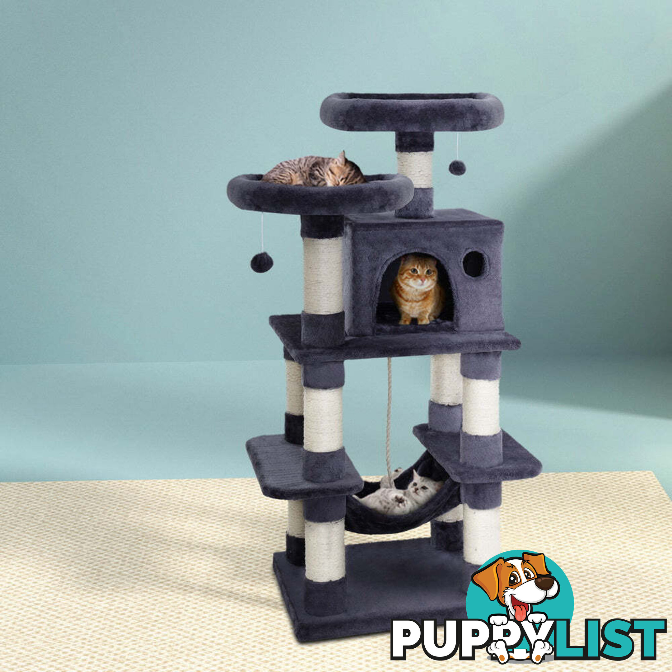 i.Pet Cat Tree 145cm Tower Scratching Post Scratcher Wood Condo House Large Bed - PET-CAT-706FSB-GR