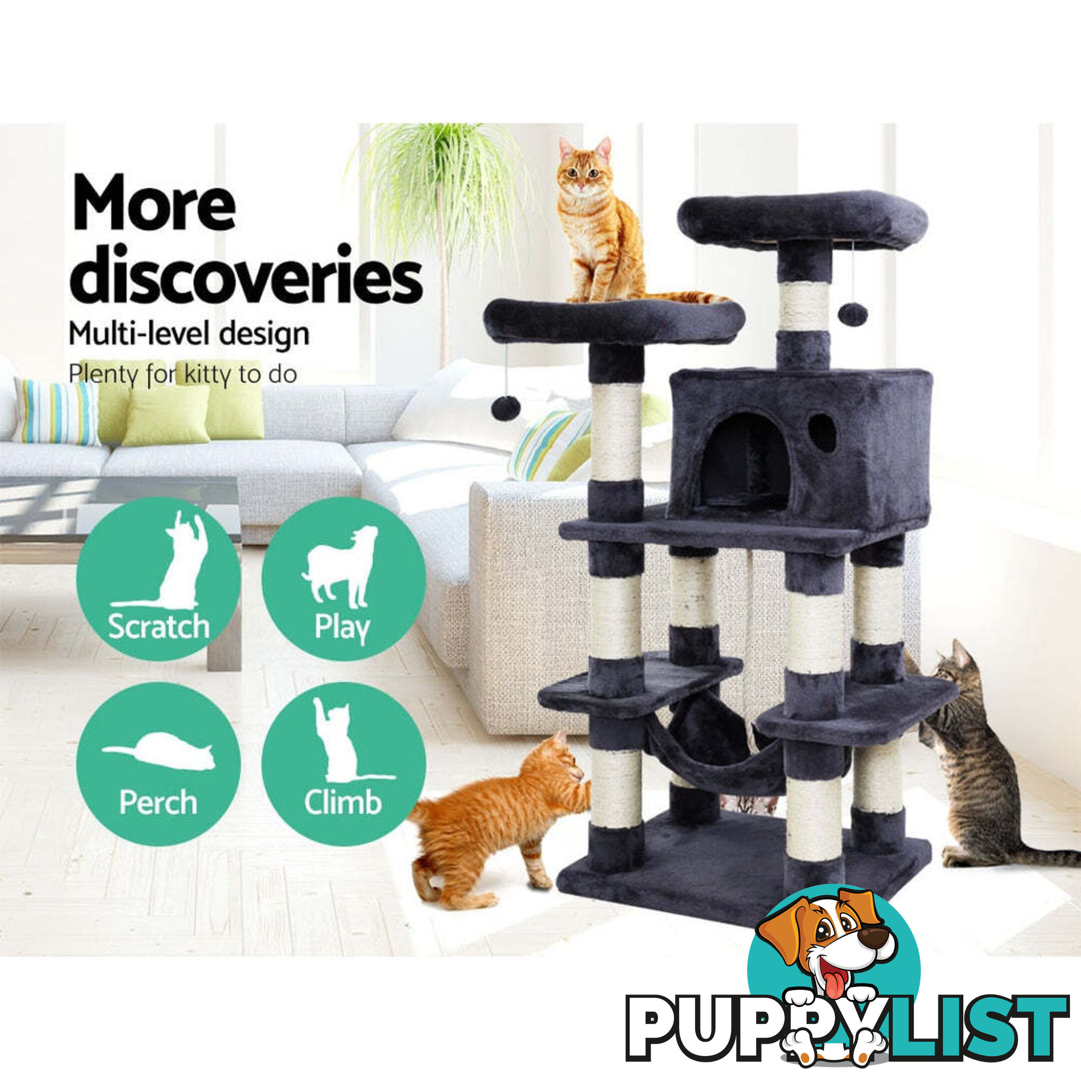 i.Pet Cat Tree 145cm Tower Scratching Post Scratcher Wood Condo House Large Bed - PET-CAT-706FSB-GR