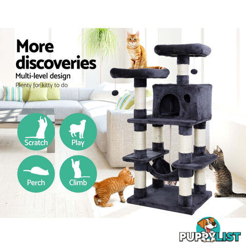i.Pet Cat Tree 145cm Tower Scratching Post Scratcher Wood Condo House Large Bed - PET-CAT-706FSB-GR