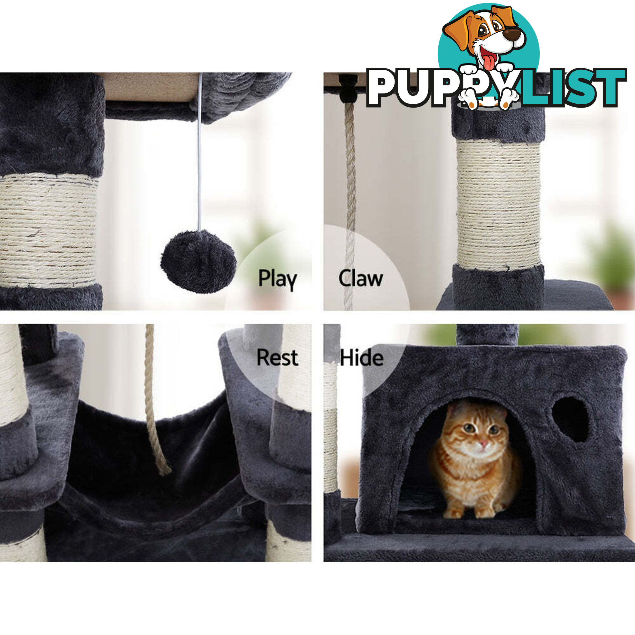 i.Pet Cat Tree 145cm Tower Scratching Post Scratcher Wood Condo House Large Bed - PET-CAT-706FSB-GR