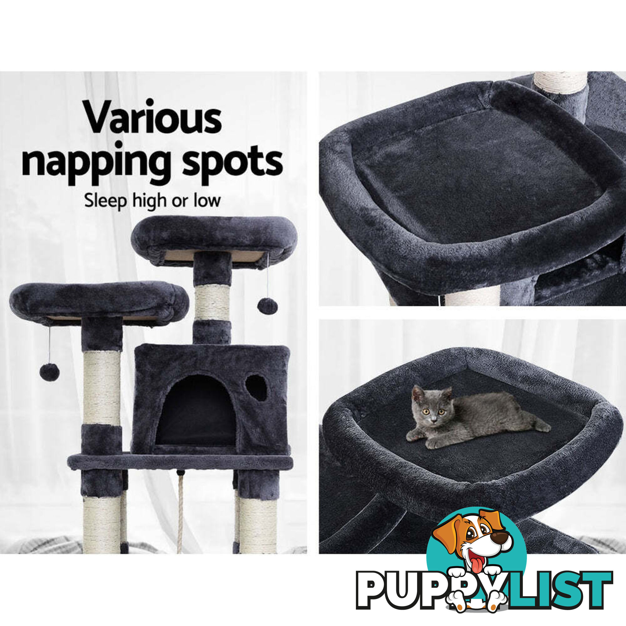 i.Pet Cat Tree 145cm Tower Scratching Post Scratcher Wood Condo House Large Bed - PET-CAT-706FSB-GR