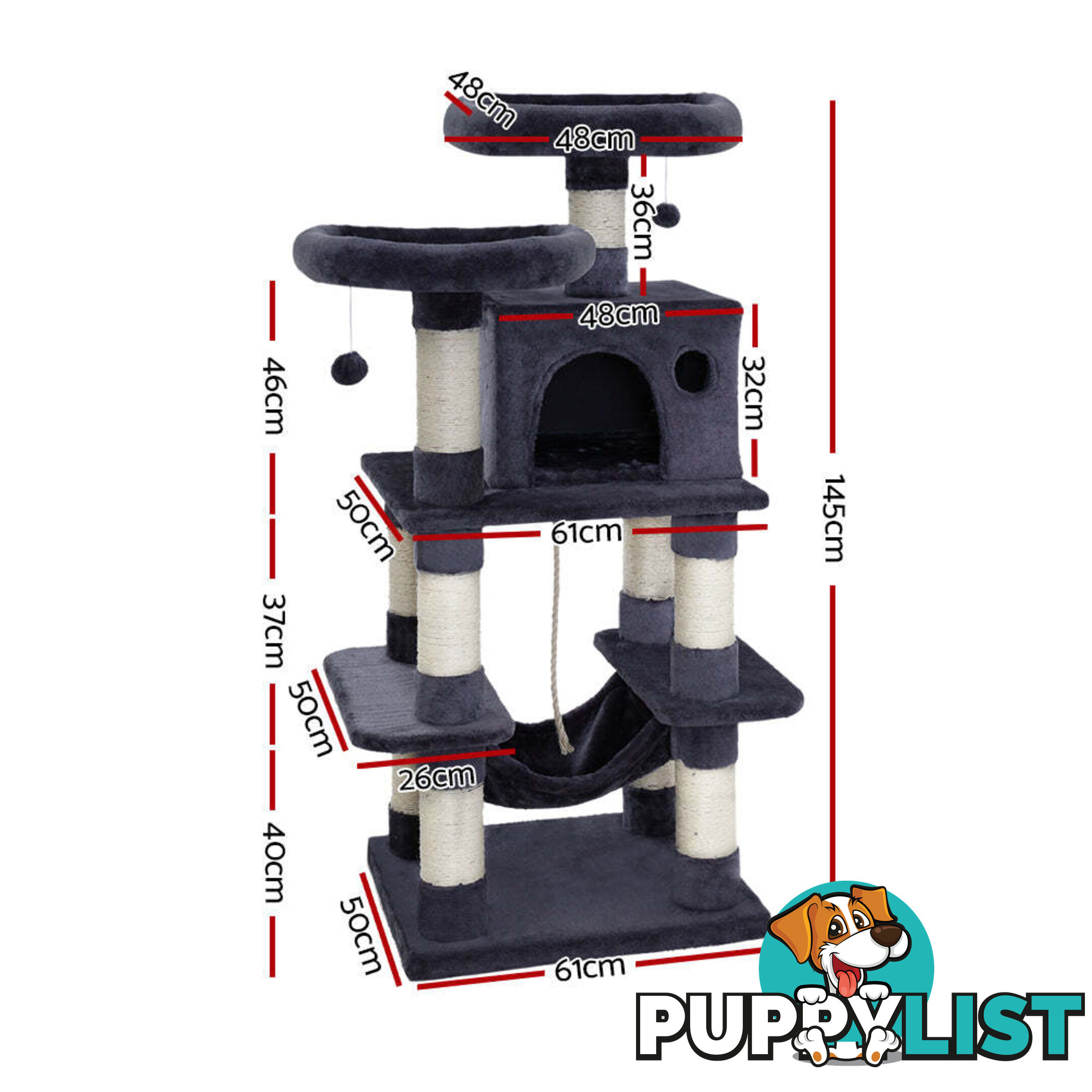 i.Pet Cat Tree 145cm Tower Scratching Post Scratcher Wood Condo House Large Bed - PET-CAT-706FSB-GR
