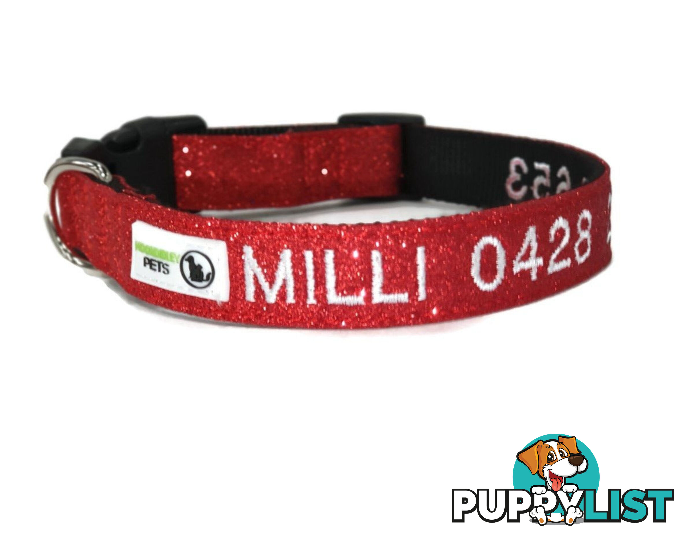 Doggie ID Collar - Bling Glitter Overlay Nylon Collar, Embroidered Personised Custom. - GC-DIC-BLING-S-HPNK