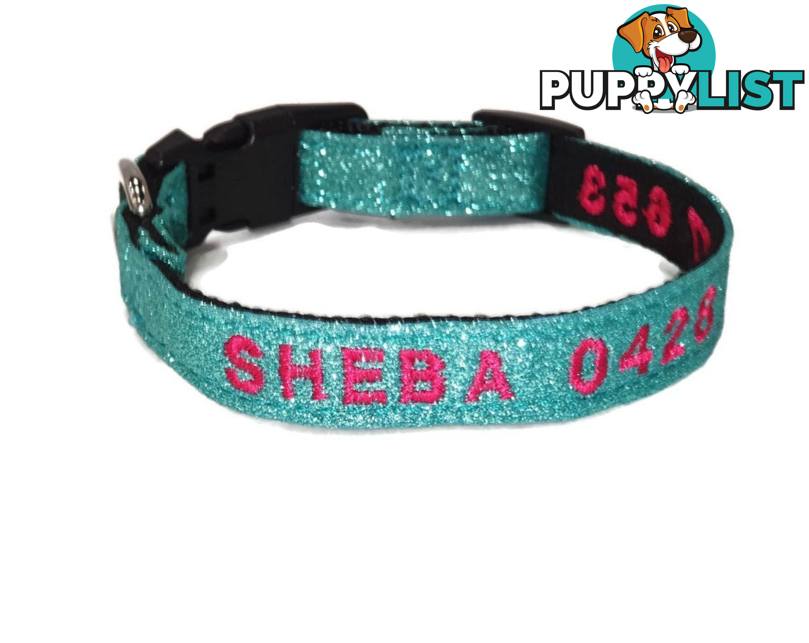 Doggie ID Collar - Bling Glitter Overlay Nylon Collar, Embroidered Personised Custom. - GC-DIC-BLING-S-HPNK