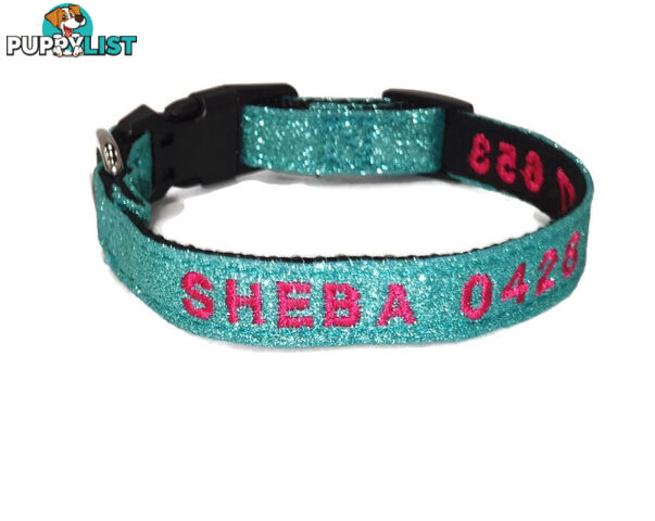 Doggie ID Collar - Bling Glitter Overlay Nylon Collar, Embroidered Personised Custom. - GC-DIC-BLING-S-HPNK