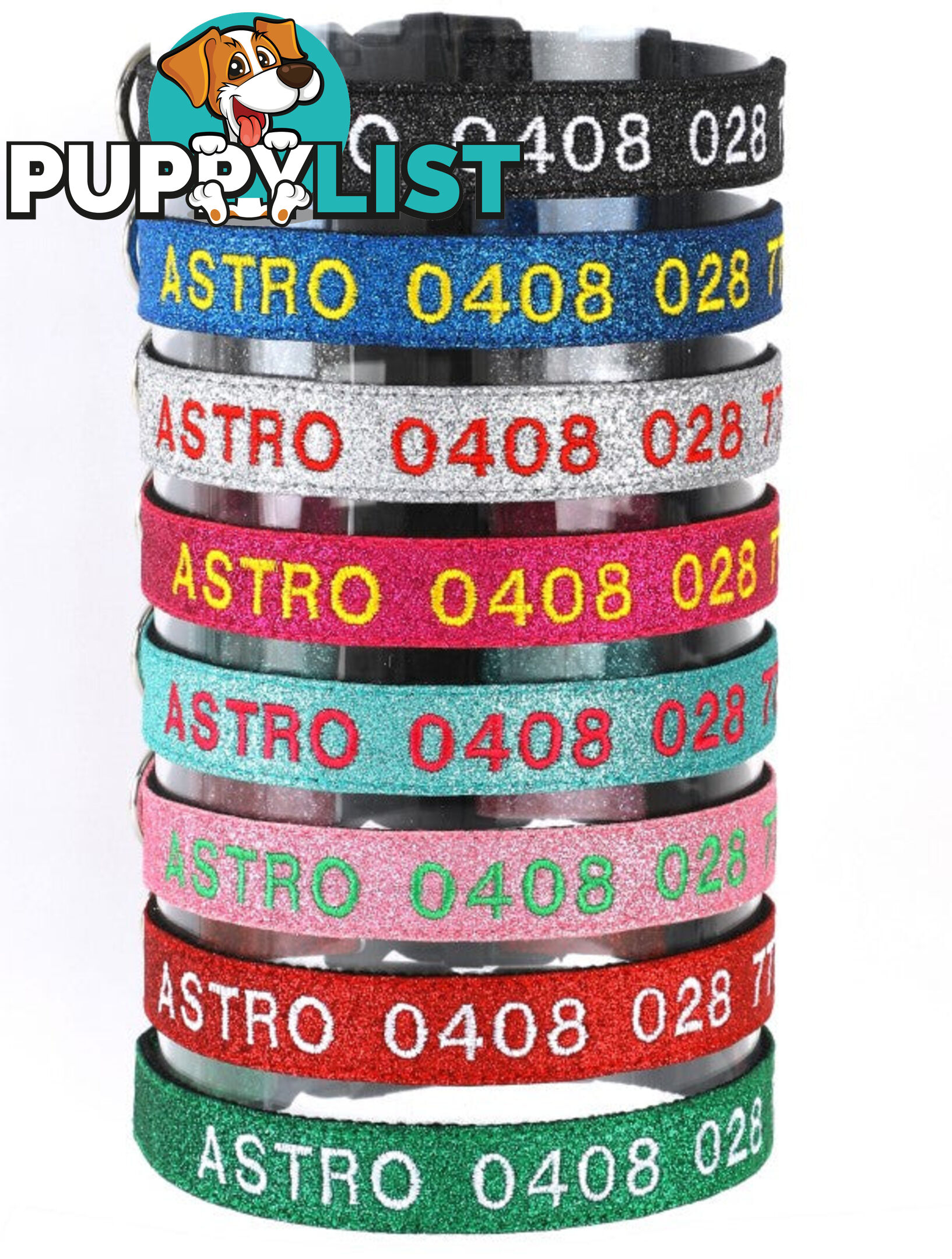Doggie ID Collar - Bling Glitter Overlay Nylon Collar, Embroidered Personised Custom. - GC-DIC-BLING-S-HPNK