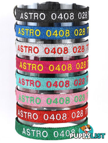 Doggie ID Collar - Bling Glitter Overlay Nylon Collar, Embroidered Personised Custom. - GC-DIC-BLING-S-HPNK