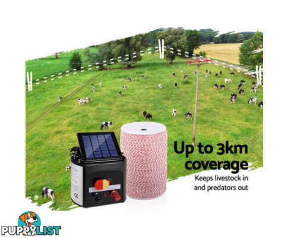 Giantz 3KM 5KM OR 8KM Solar Electric Fence Energiser Energizer 2000M Poly Fencing Wire Tape - SFC-SO10-3KM-2000-NS