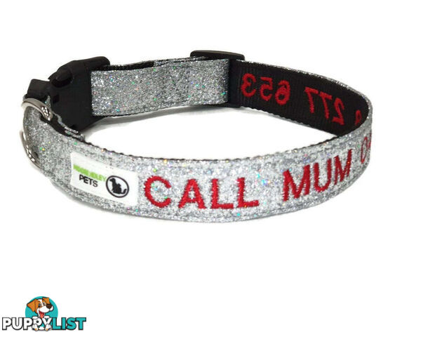 Doggie ID Collar - Bling Glitter Overlay Nylon Collar, Embroidered Personised Custom. - GC-DIC-BLING-S-BLK