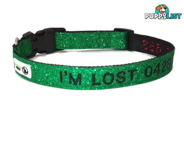 Doggie ID Collar - Bling Glitter Overlay Nylon Collar, Embroidered Personised Custom. - GC-DIC-BLING-S-BLK