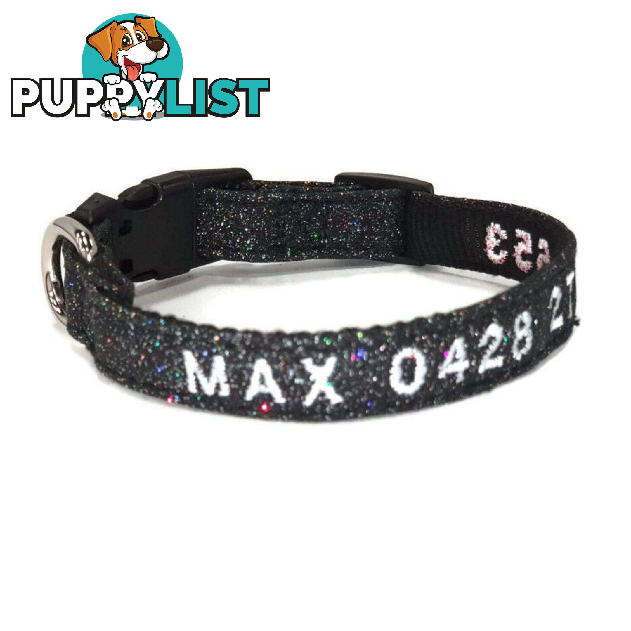 Doggie ID Collar - Bling Glitter Overlay Nylon Collar, Embroidered Personised Custom. - GC-DIC-BLING-S-BLK