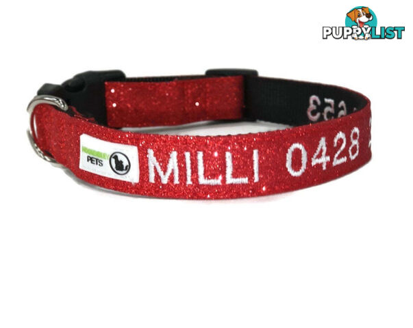 Doggie ID Collar - Bling Glitter Overlay Nylon Collar, Embroidered Personised Custom. - GC-DIC-BLING-S-BLK