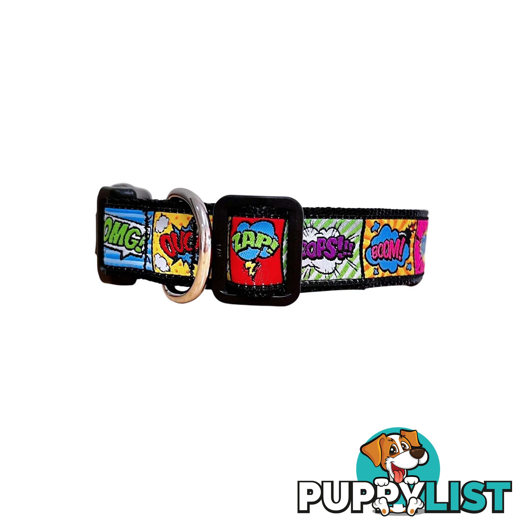 Comic Mania Dog Collar / XS - L - Hand Made by The Bark Side - TBSCOMSMLGRN