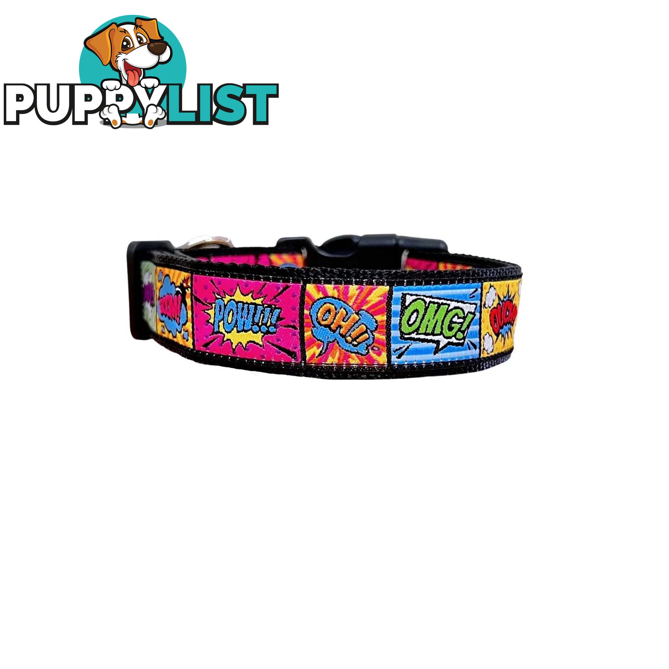 Comic Mania Dog Collar / XS - L - Hand Made by The Bark Side - TBSCOMSMLGRN