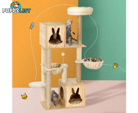 i.Pet Cat Tree Tower Scratching Post with Wood Bed Condo House 141cm - PET-CAT-WOOD02-BE