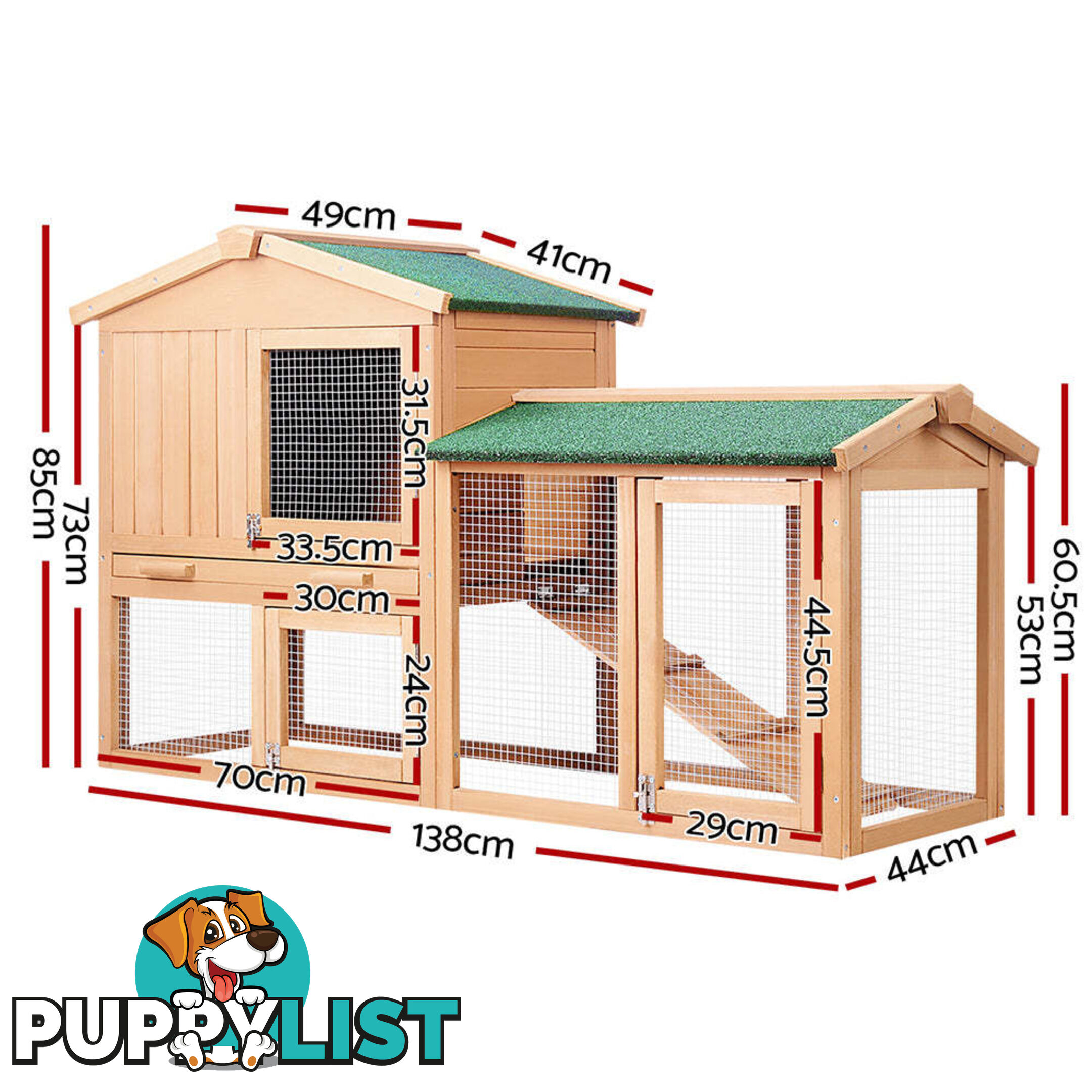 i.Pet Chicken Coop Rabbit Hutch 138cm x 44cm x 85cm Large House Run Cage Wooden Outdoor - PET-GT-WOOD-R036
