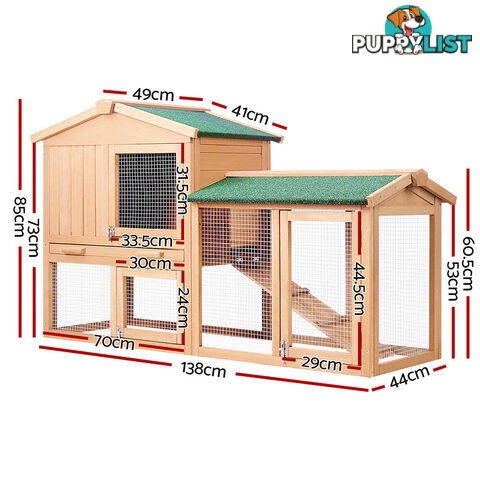 i.Pet Chicken Coop Rabbit Hutch 138cm x 44cm x 85cm Large House Run Cage Wooden Outdoor - PET-GT-WOOD-R036