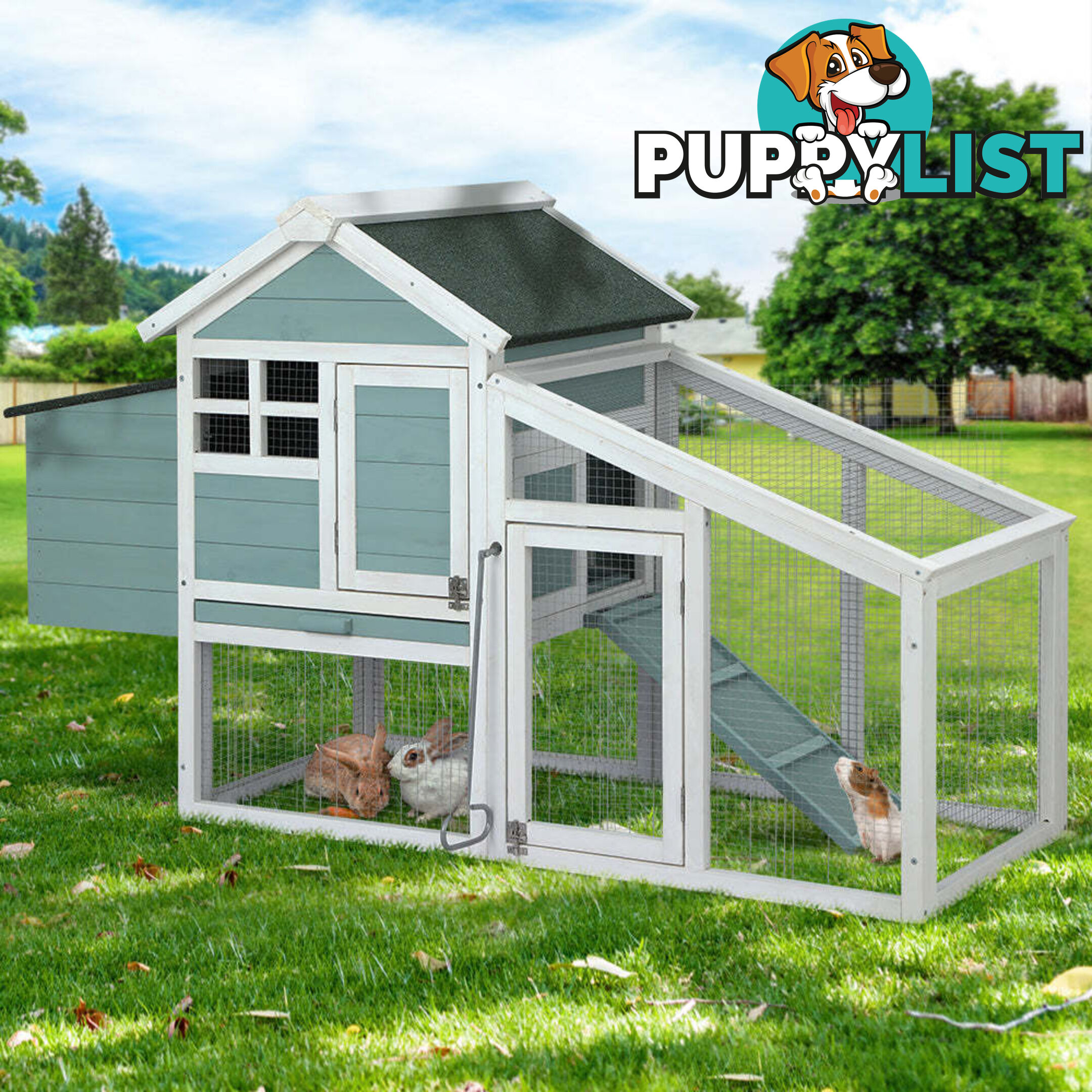 i.Pet Chicken Coop Rabbit Hutch 150cm x 60cm x 93cm Large House Run Cage Wooden Outdoor Bunny - PET-CH-100-GW