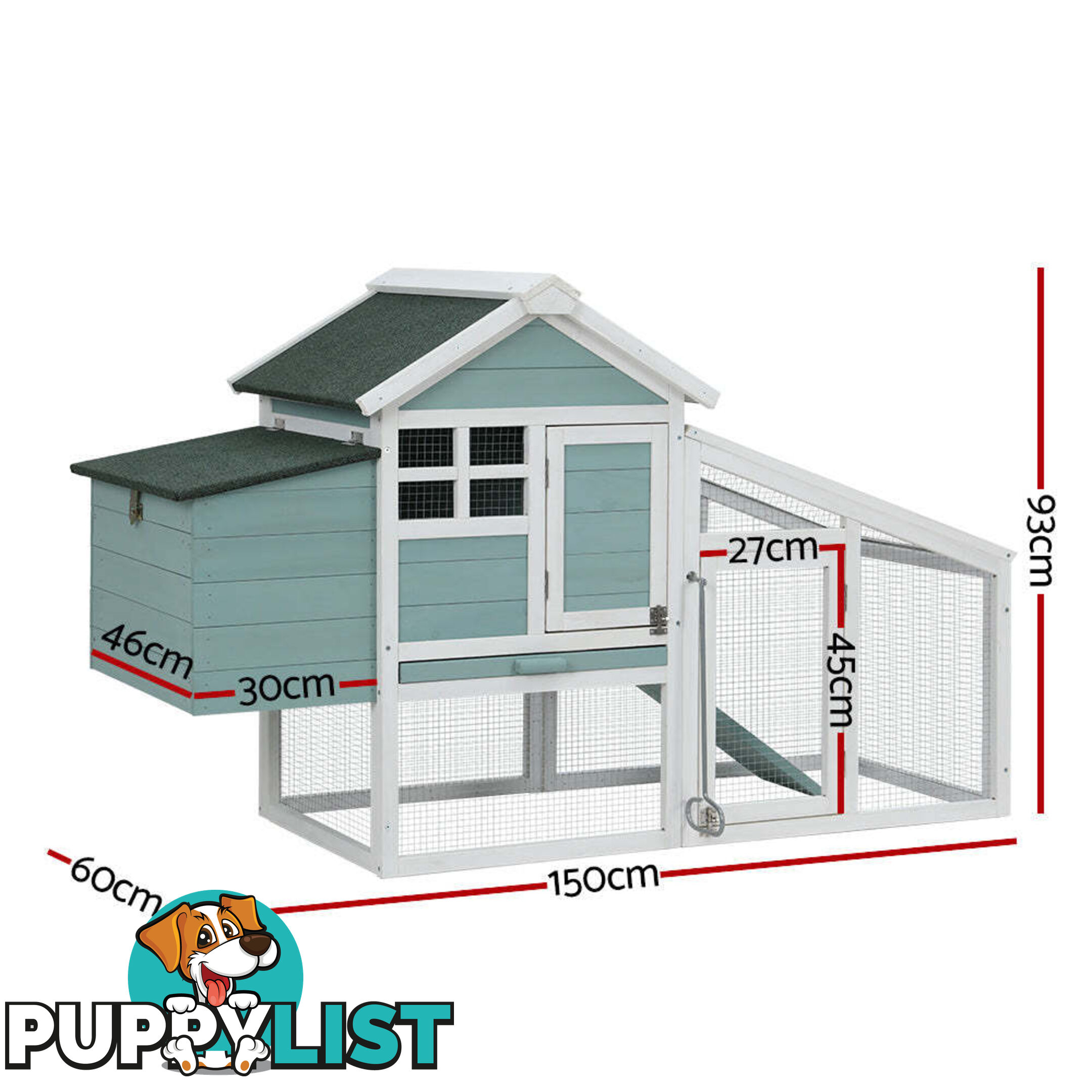 i.Pet Chicken Coop Rabbit Hutch 150cm x 60cm x 93cm Large House Run Cage Wooden Outdoor Bunny - PET-CH-100-GW