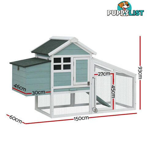 i.Pet Chicken Coop Rabbit Hutch 150cm x 60cm x 93cm Large House Run Cage Wooden Outdoor Bunny - PET-CH-100-GW