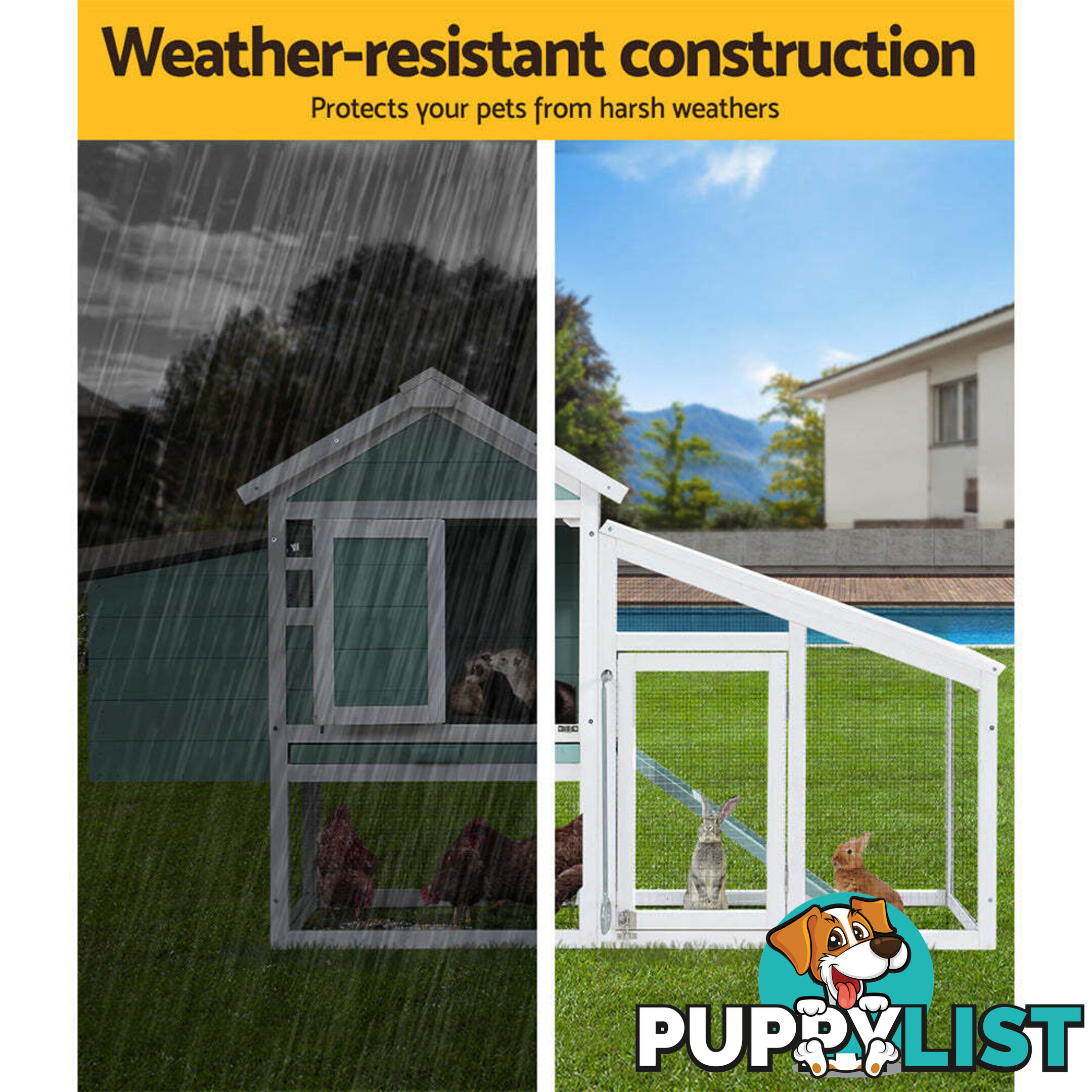 i.Pet Chicken Coop Rabbit Hutch 150cm x 60cm x 93cm Large House Run Cage Wooden Outdoor Bunny - PET-CH-100-GW