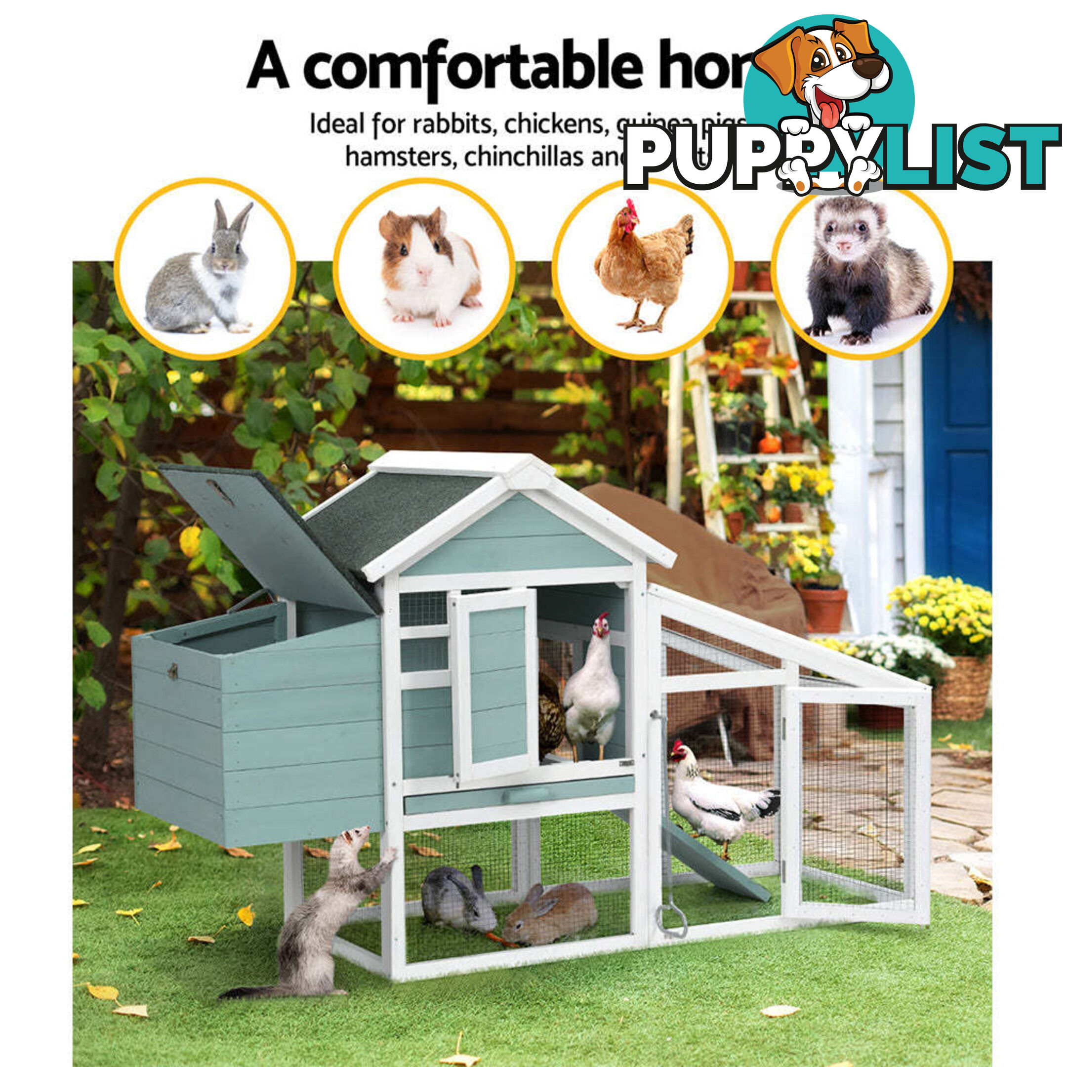 i.Pet Chicken Coop Rabbit Hutch 150cm x 60cm x 93cm Large House Run Cage Wooden Outdoor Bunny - PET-CH-100-GW