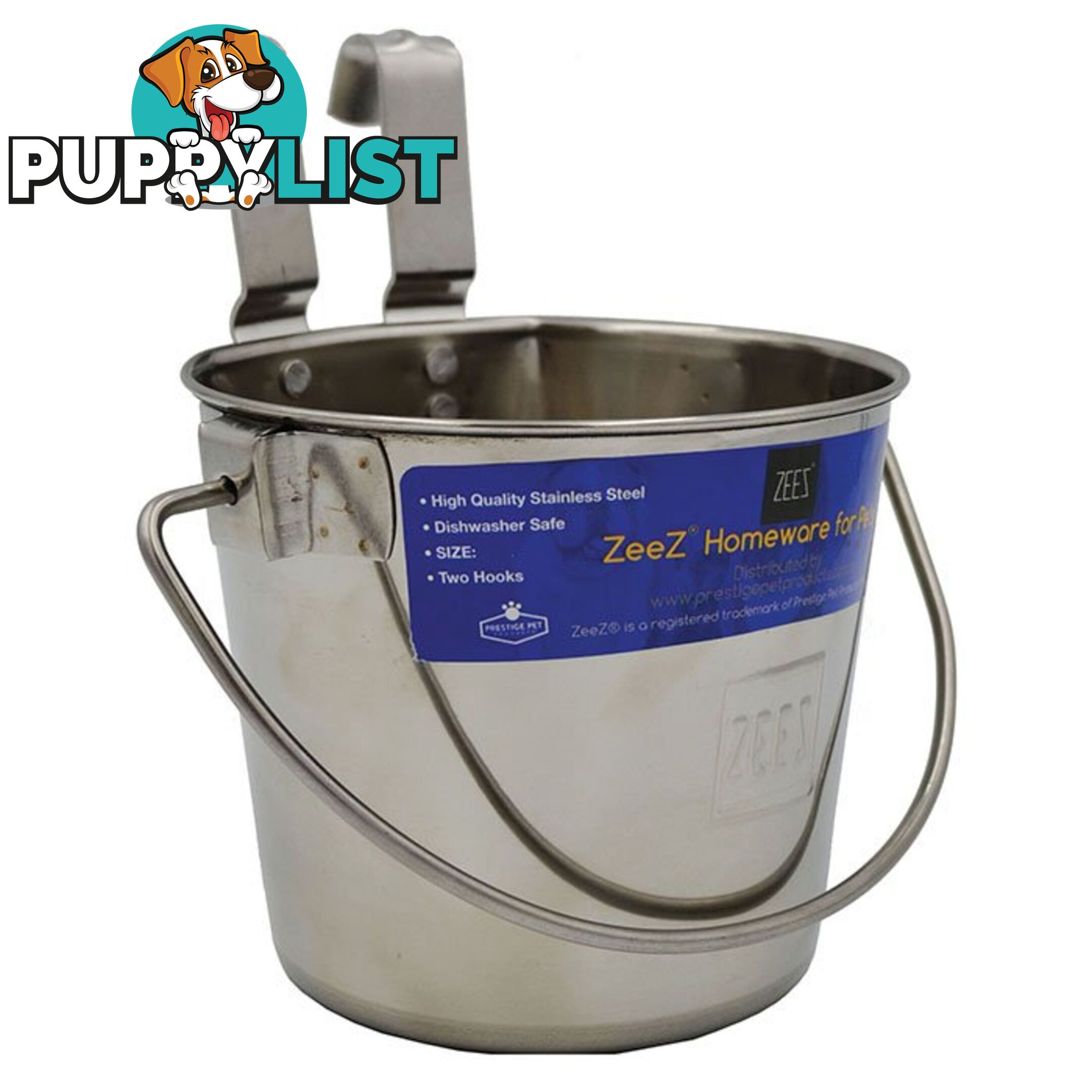 Zeez Stainless Steel Flat Sided Pet Water Bucket Pail Two Hooks - PPP-49-7721