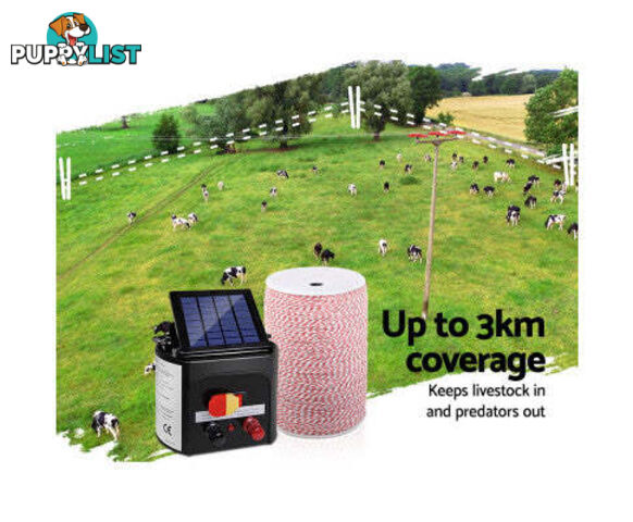 Giantz 3KM 5KM OR 8KM Solar Electric Fence Energiser Energizer 2000M Poly Fencing Wire Tape - SFC-SO15-5KM-2000-NS