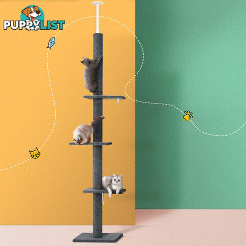 i.Pet Cat Tree 290cm Tower Scratching Post Scratcher Floor to Ceiling Cats Bed Grey - PET-CAT-POLE-GR