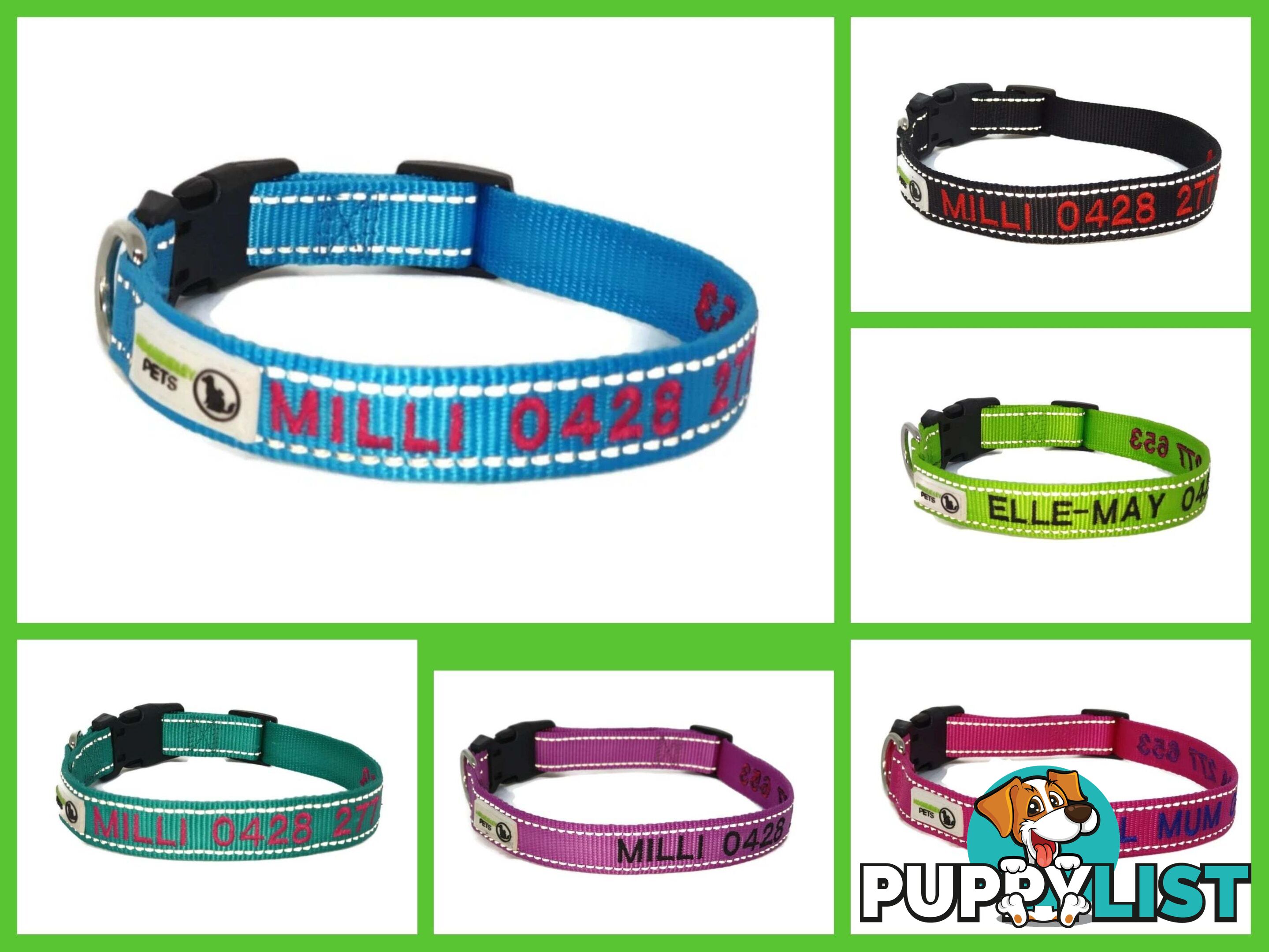 Doggie ID Collar Nylon w/Reflective Stitching Embroidered Personalised Custom. - GC-DIC-031-XS-BLK