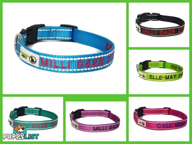 Doggie ID Collar Nylon w/Reflective Stitching Embroidered Personalised Custom. - GC-DIC-031-XS-BLK