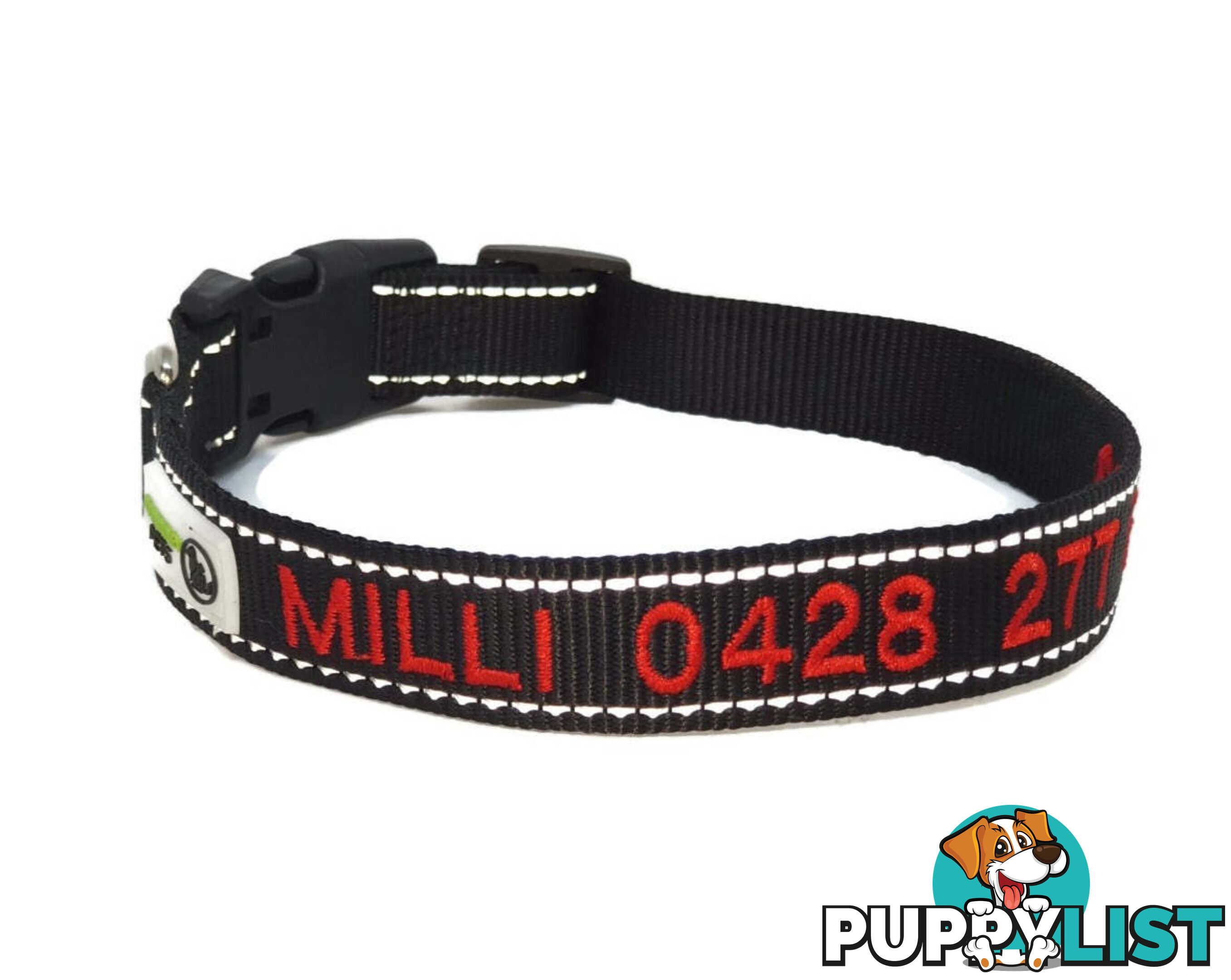 Doggie ID Collar Nylon w/Reflective Stitching Embroidered Personalised Custom. - GC-DIC-031-XS-BLK