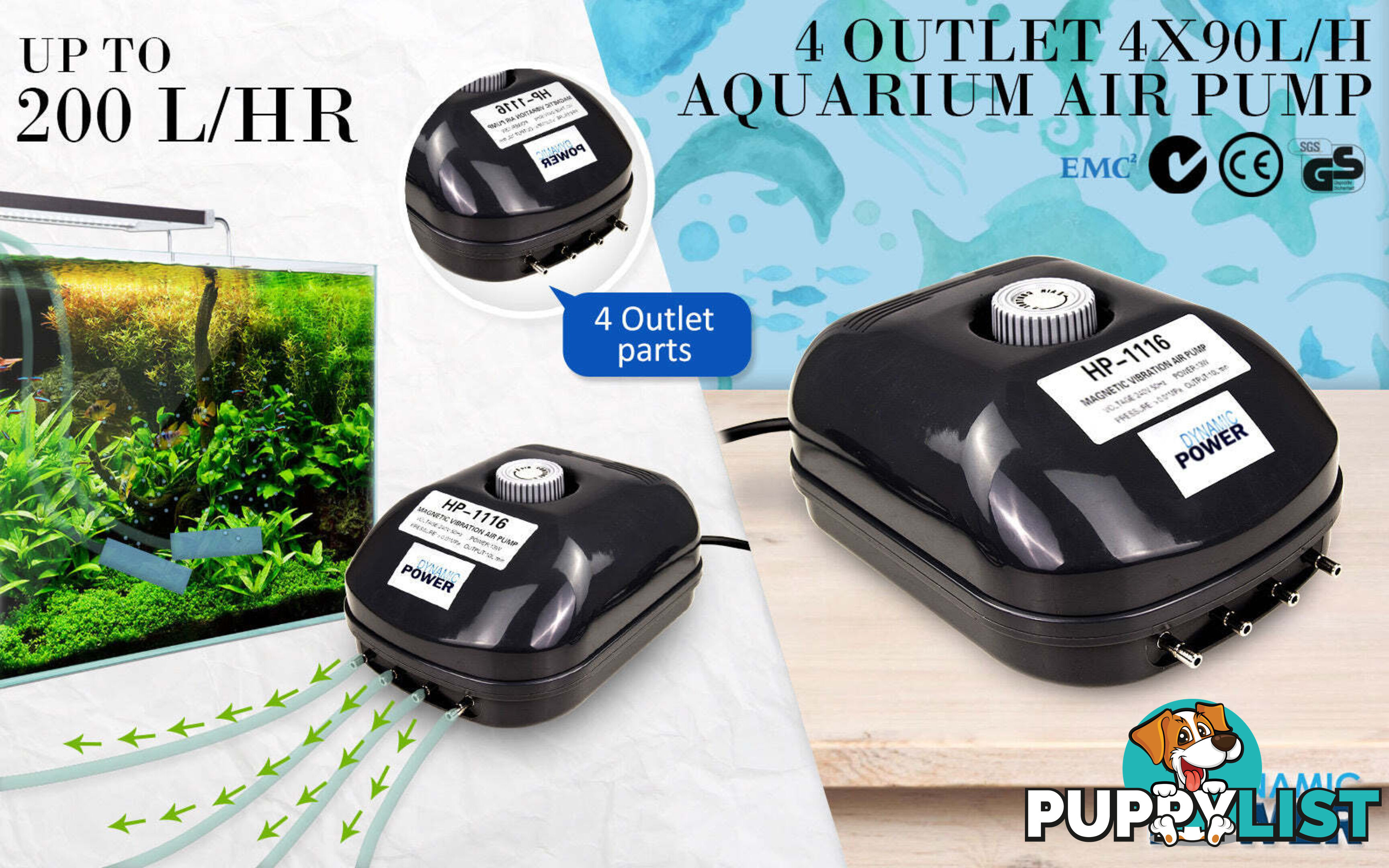 Aquarium Air Pump Oxygen Hydroponic 4 Outlet 360L/H 13W - V274-AQ-AP13